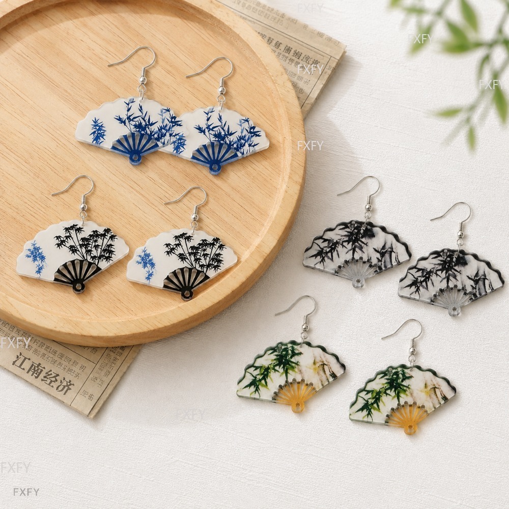 8pcs Chinese Fan-shaped Ink Painting Earring Set